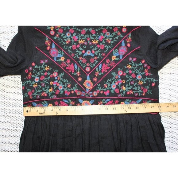 Umgee Boho Black floral Embroidered Mini Dress Size Small Bell-Sleeve Casual - Picture 3 of 12